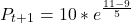 \[ P_{t+1} = 10 * e^{\frac{11-9}{5}} \]