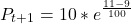 \[ P_{t+1} = 10 * e^{\frac{11-9}{100}} \]