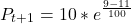 \[ P_{t+1} = 10 * e^{\frac{9-11}{100}} \]