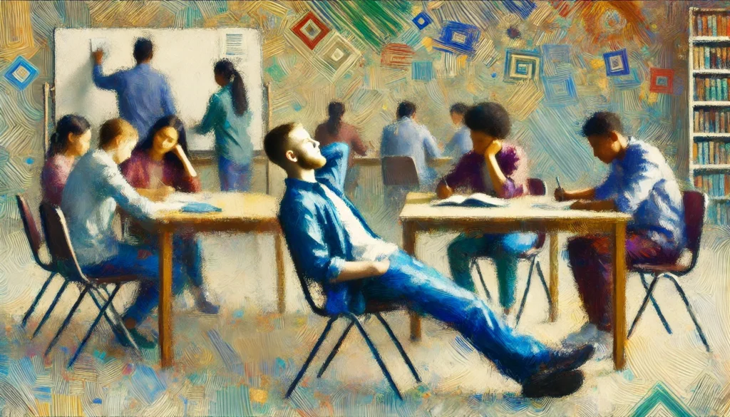 student sitting lazily in a classroom with other, hard-working students